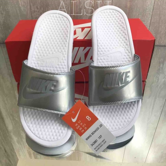 Nike Shoes - NWT Nike Benassi JDI White Silver W AUTHENTIC
